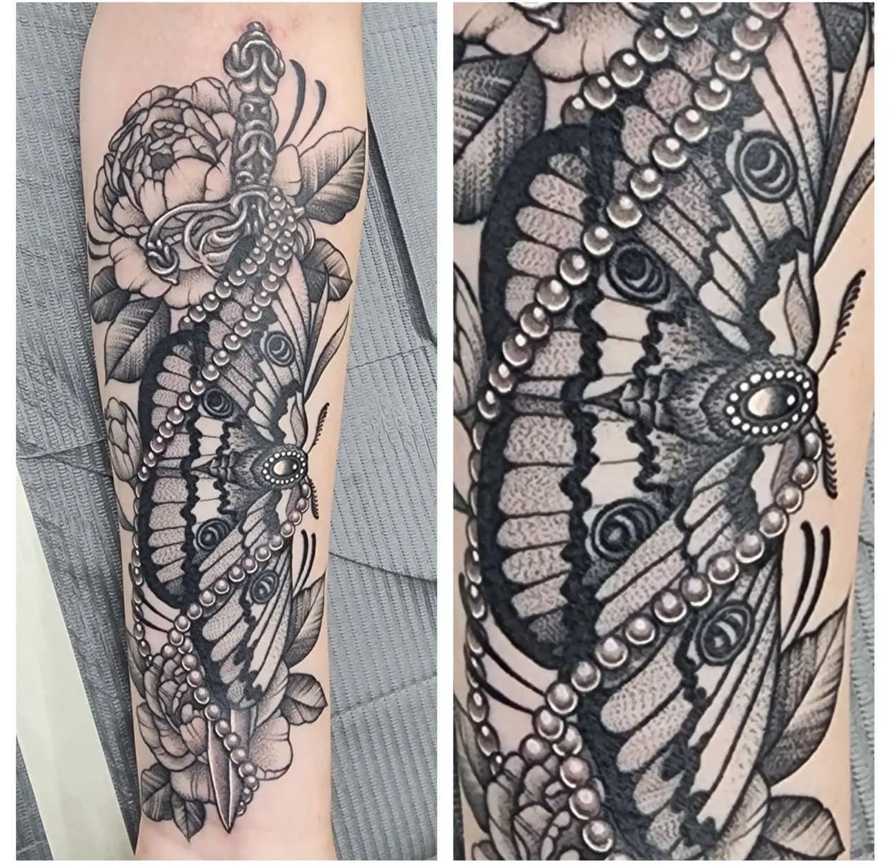 Black-and-gray butterfly and floral tattoo on a forearm, shown in close-up detail.