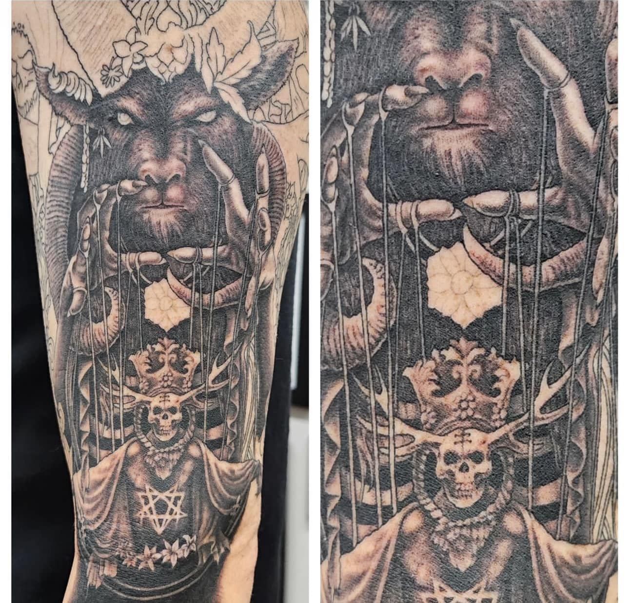 Black-and-gray tattoo sleeve with a large cat face above a skeletal figure and ornate hanging details