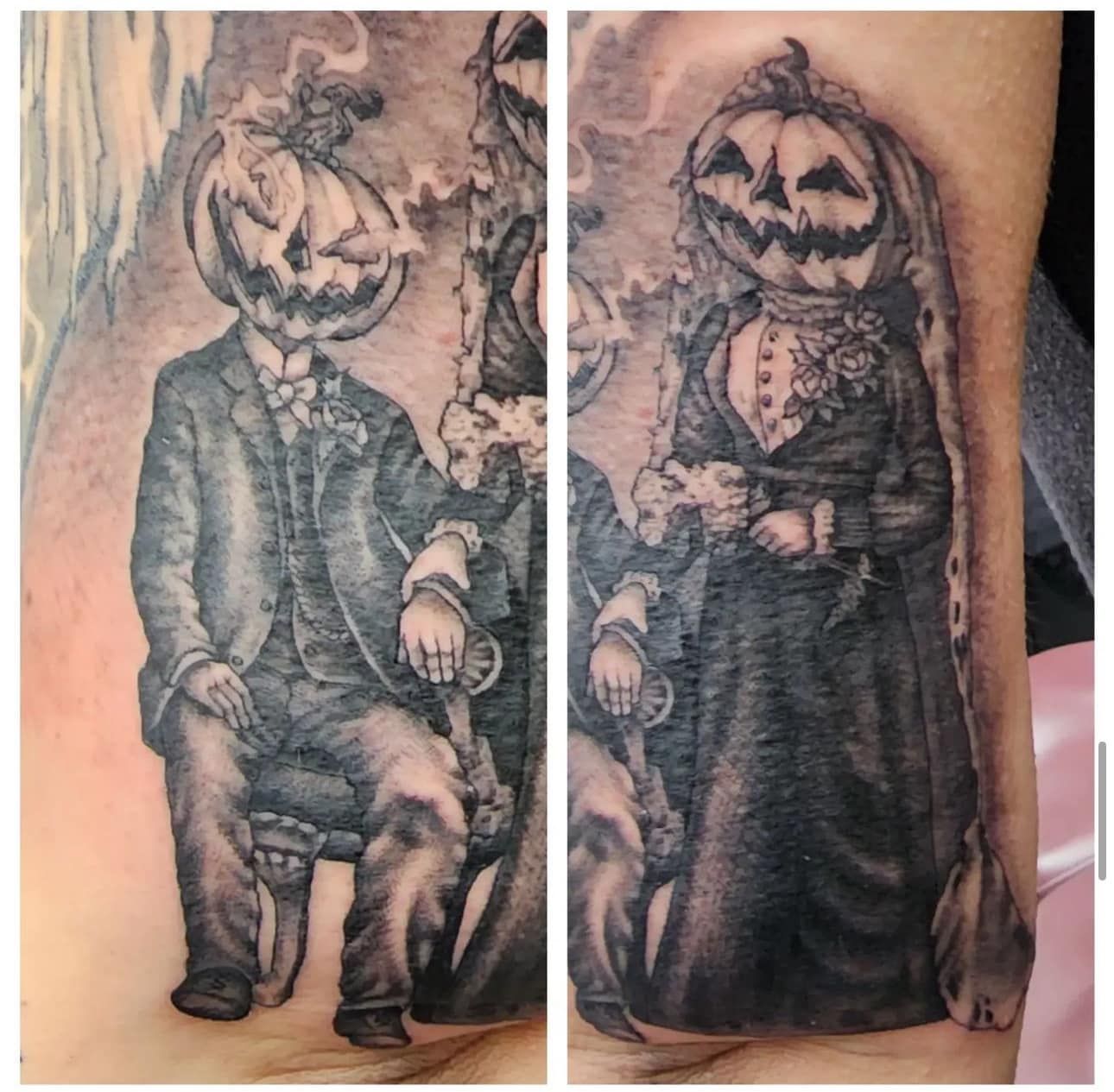 Black-and-gray tattoo of two seated jack-o'-lantern-headed figures in vintage clothing