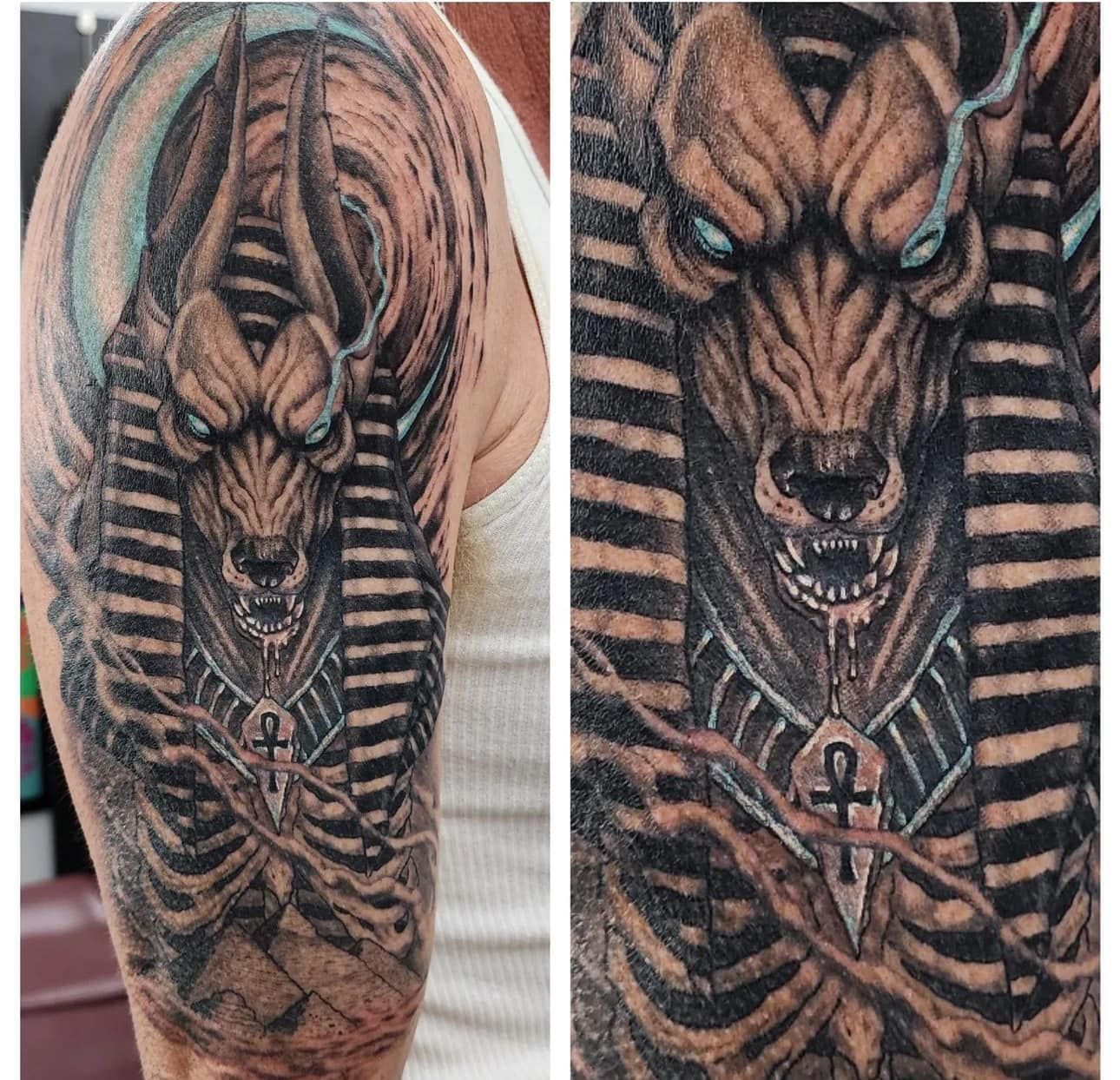 Black-and-gray demon tattoo on a forearm, shown in two close-up views