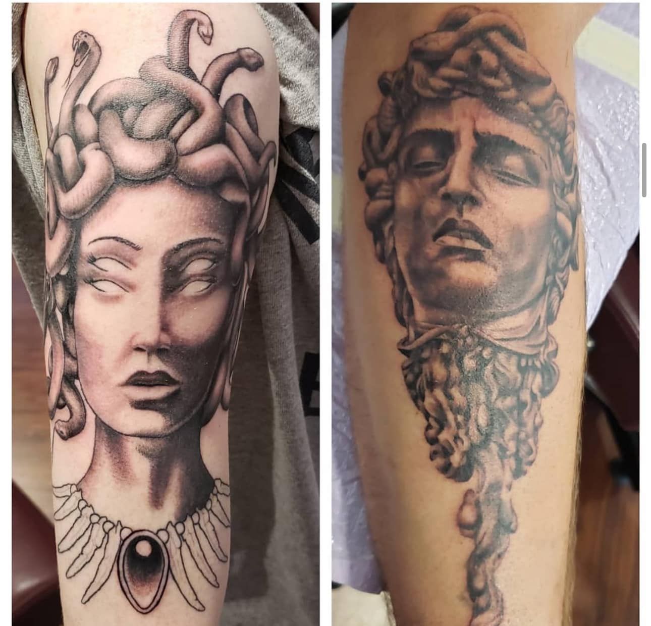 Two black-and-gray Medusa-style portrait tattoos on arms, shown side by side.