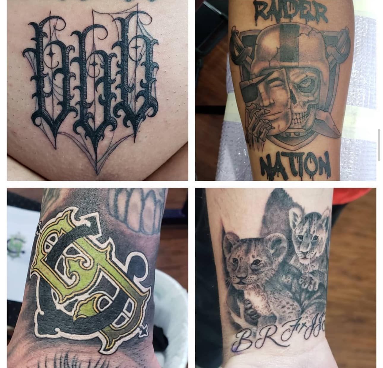 Collage of four close-up tattoo designs: gothic lettering, a helmeted face, ornate green lettering, and two animals