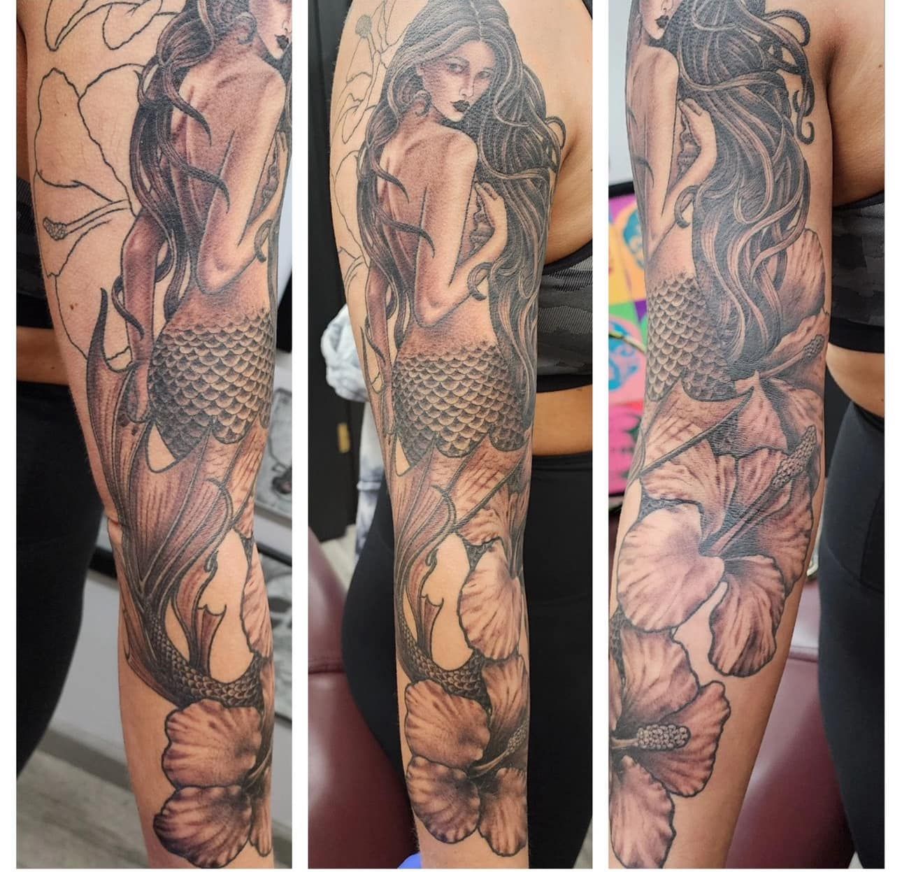 Three views of a forearm tattoo featuring a mermaid with flowing hair and floral elements in black and pink tones