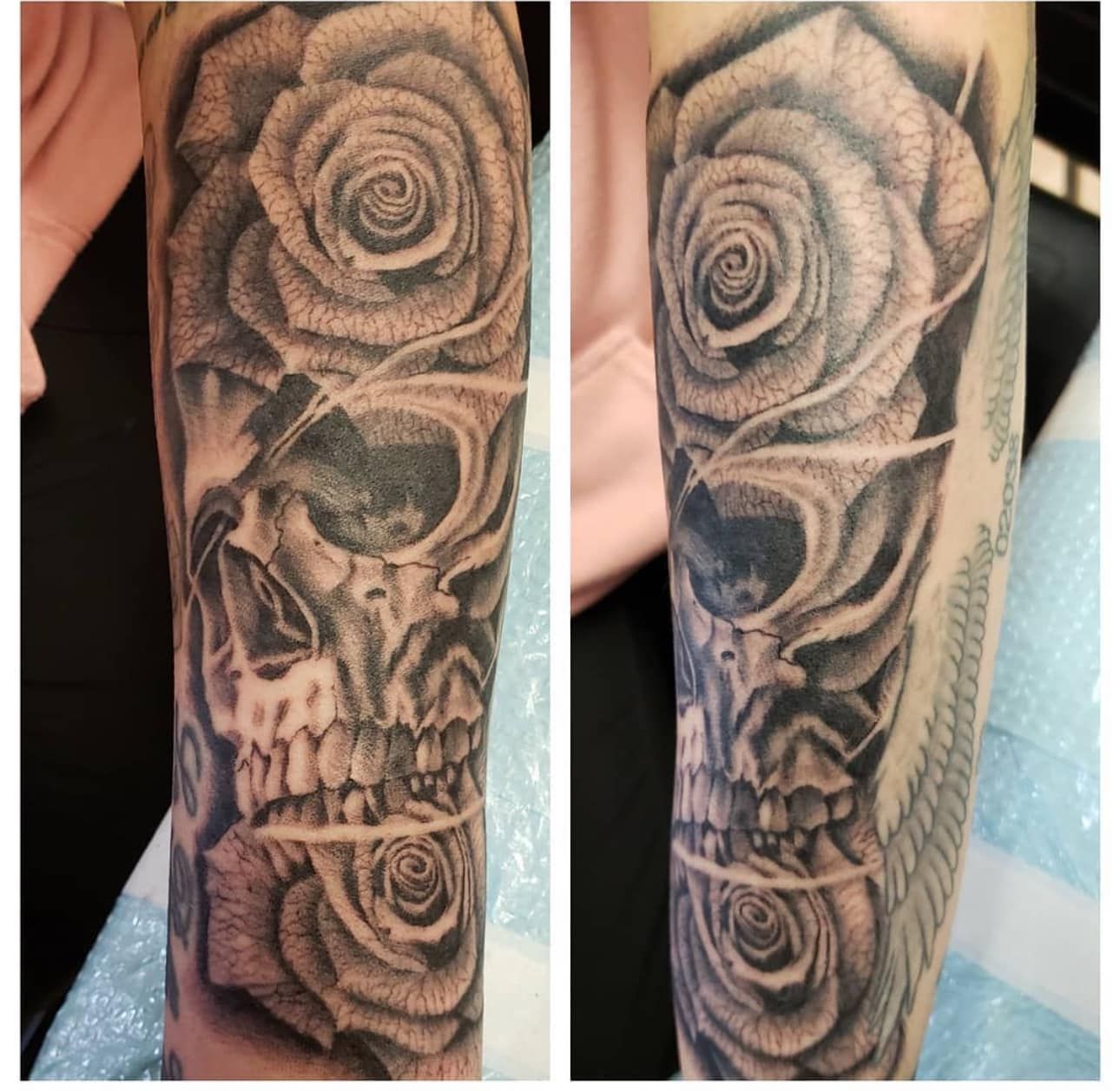 Two close-up photos of a black-and-gray skull and rose tattoo on a forearm