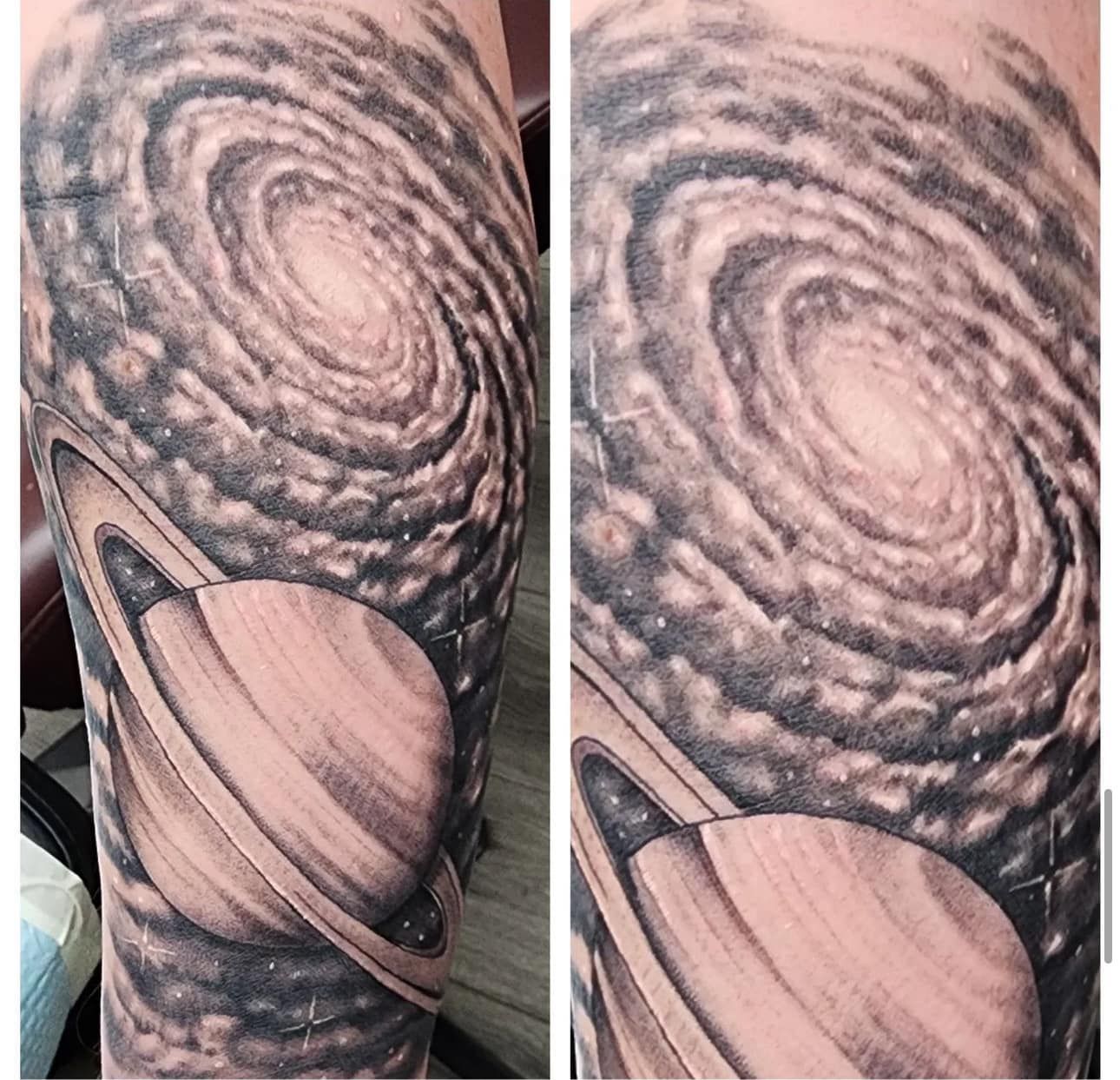 Close-up of a tattooed arm with a galaxy and Saturn design in black and pink tones