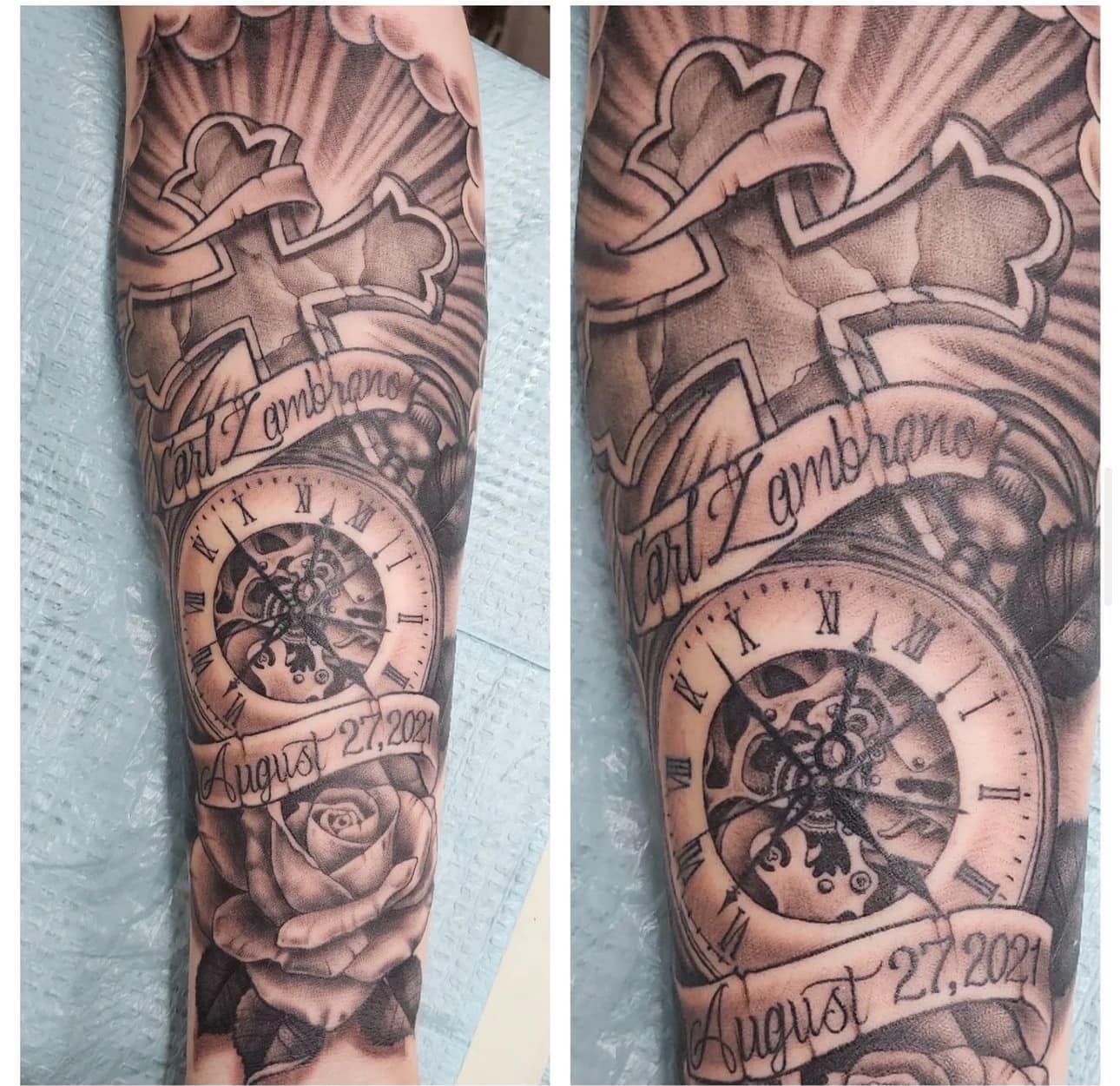 Close-up of a black-and-gray memorial forearm tattoo with clock, compass, rose, and ribbon dates
