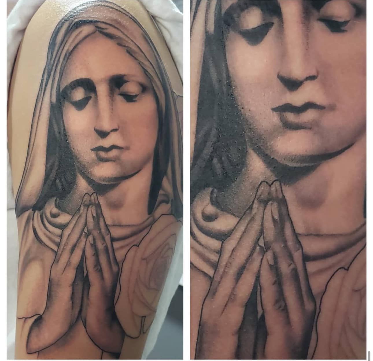 Tattoo design of a serene praying figure with closed eyes, shown in two views side by side.