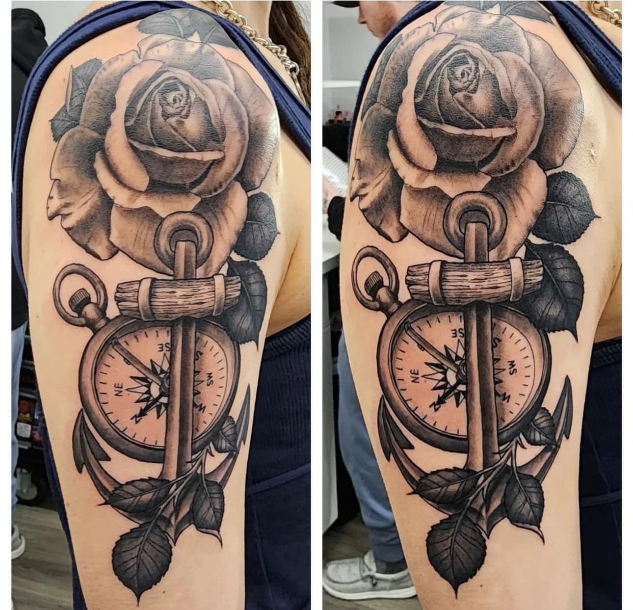 Side-by-side black-and-gray tattoo design of a rose, pocket watch, knife, and leaves on an arm