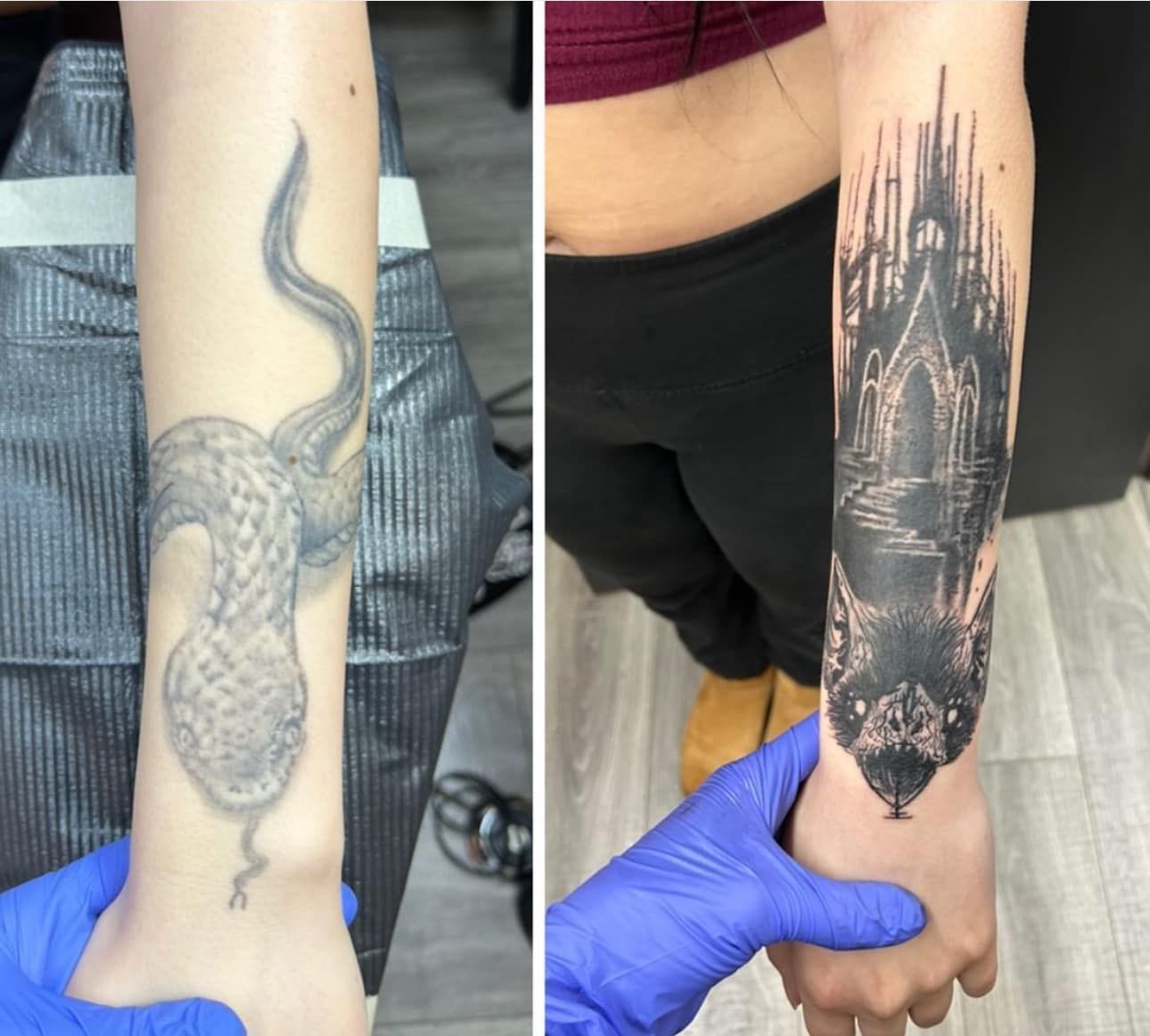 Side-by-side forearm tattoos: a snake design on the left and a dark cathedral-style design on the right.