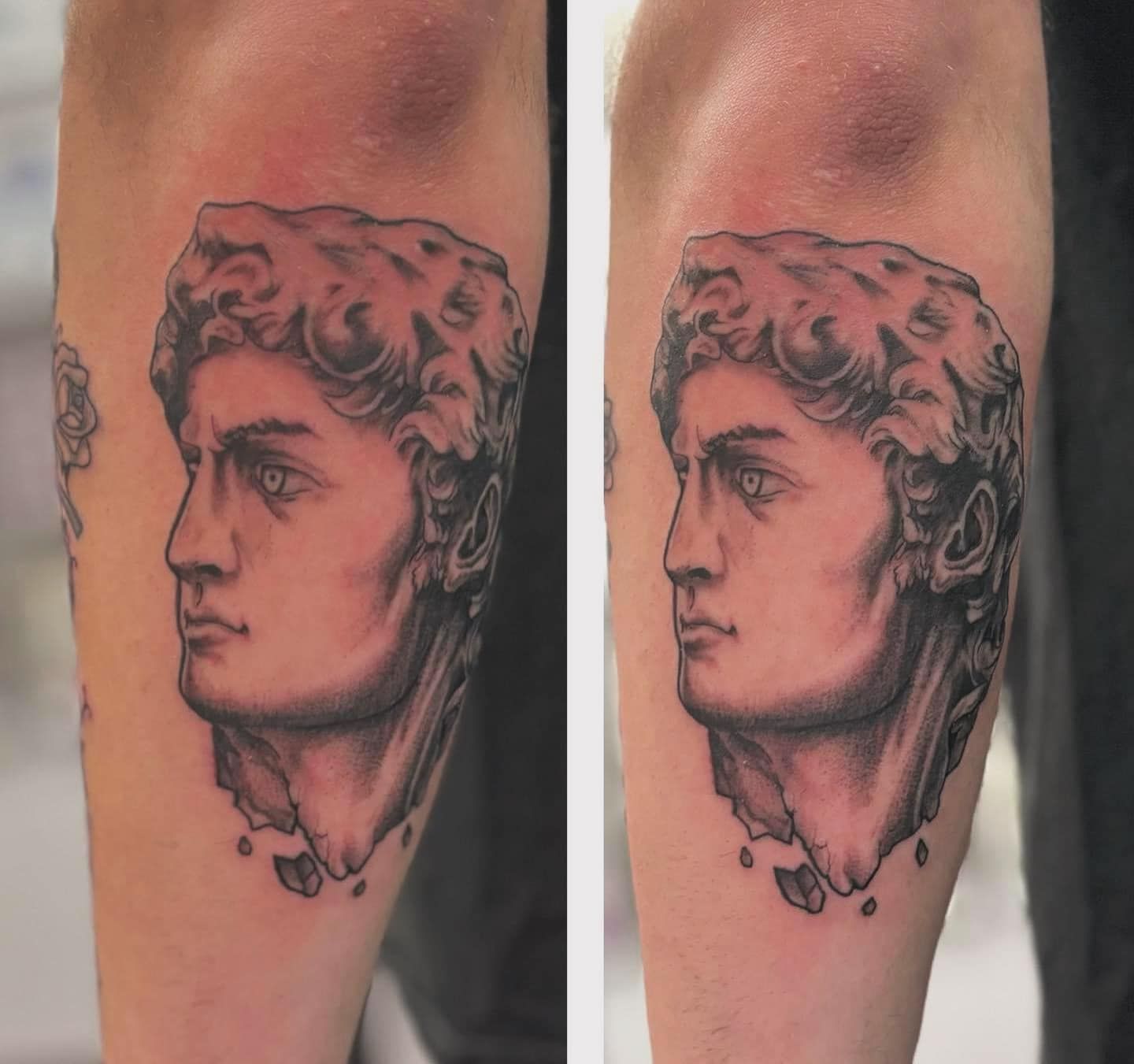 Two side-by-side black-and-gray portrait tattoos of a classical face on skin