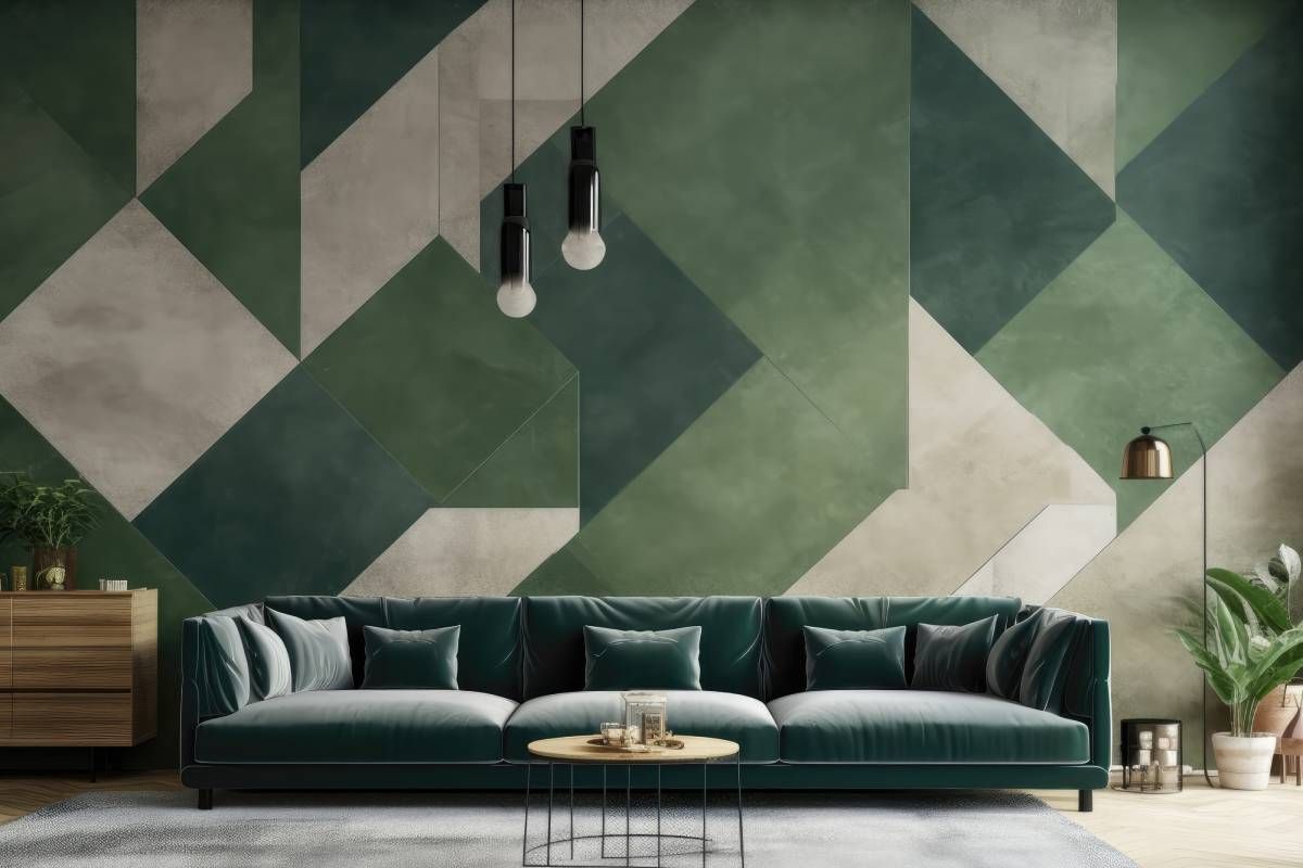 An accent wall in a living room with geometric shapes using Benjamin Moore paint near Lexington, KY
