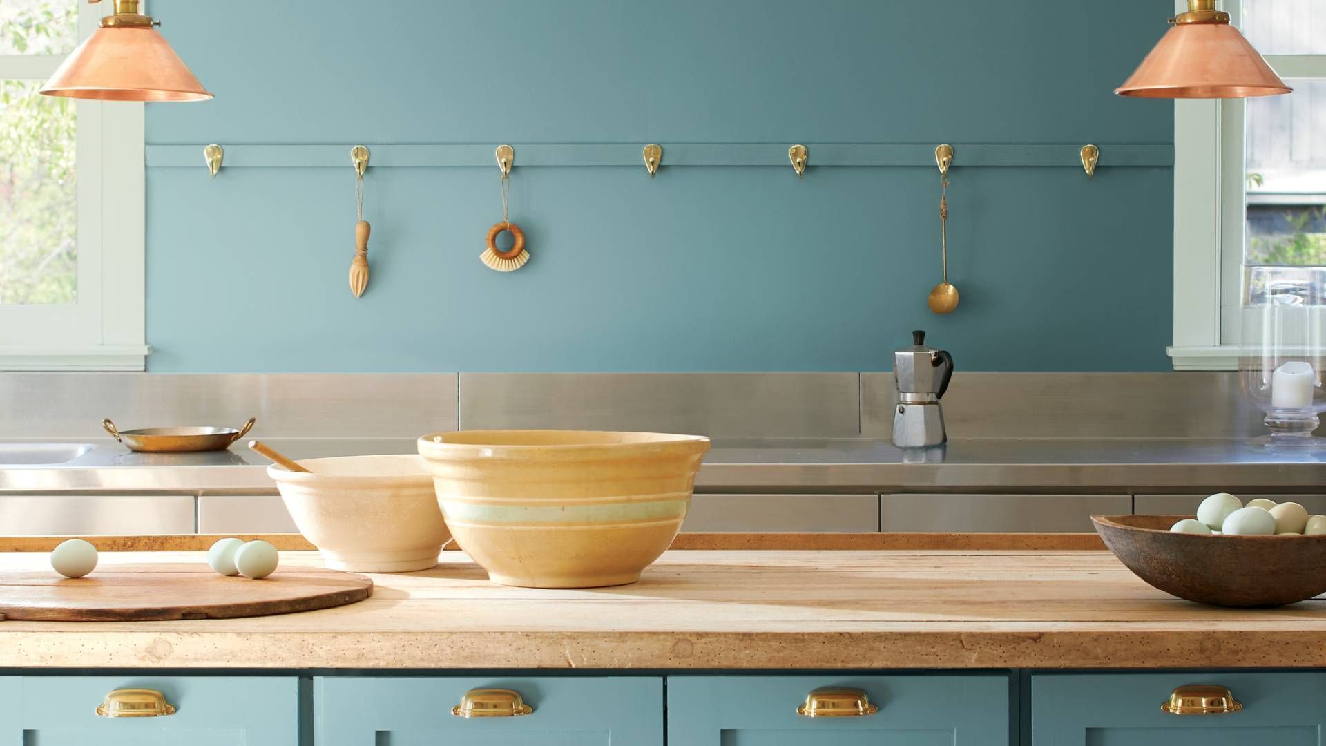 A modern kitchen with teal paint and Benjamin Moore primer near Lexington, KY