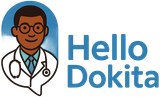 Doctor icon with stethoscope, smiling, and the words