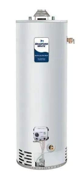 White water heater tank with control valve and vents, shown front view on a plain background