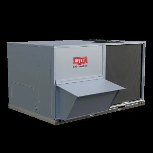 Gray industrial HVAC unit with an open side panel and front vent hood on a black background