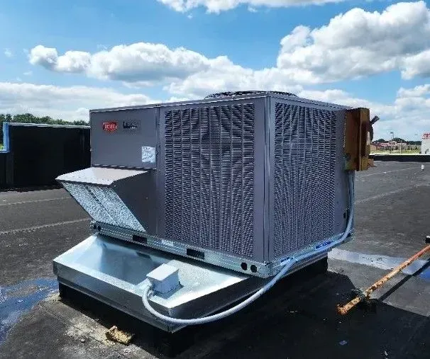 Large rooftop HVAC unit with gray metal panels on a flat black roof under a blue sky.