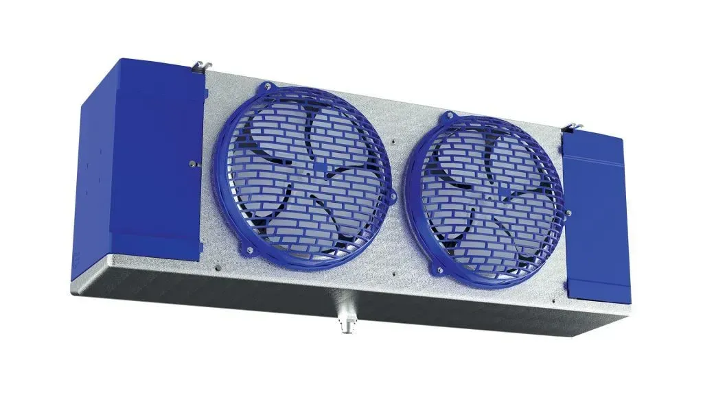 Blue industrial dual-fan unit with two circular fans mounted on a metal housing