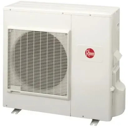 White Rheem outdoor air conditioner unit with large front fan grille and side panel.