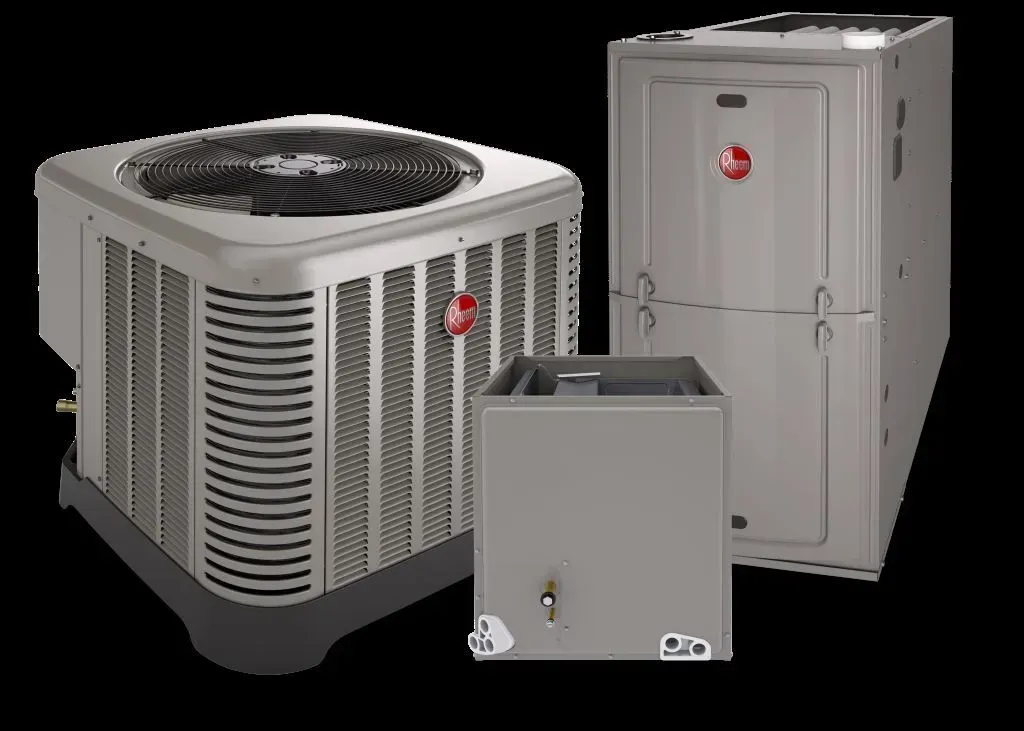 Three gray HVAC units, including an outdoor air conditioner and two metal cabinets