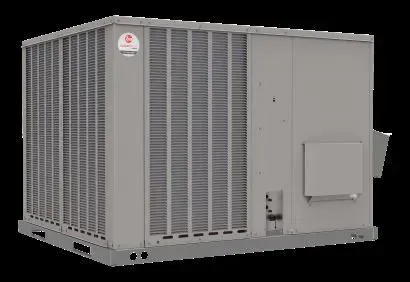 Large gray industrial HVAC unit with vented panels and a side access door.