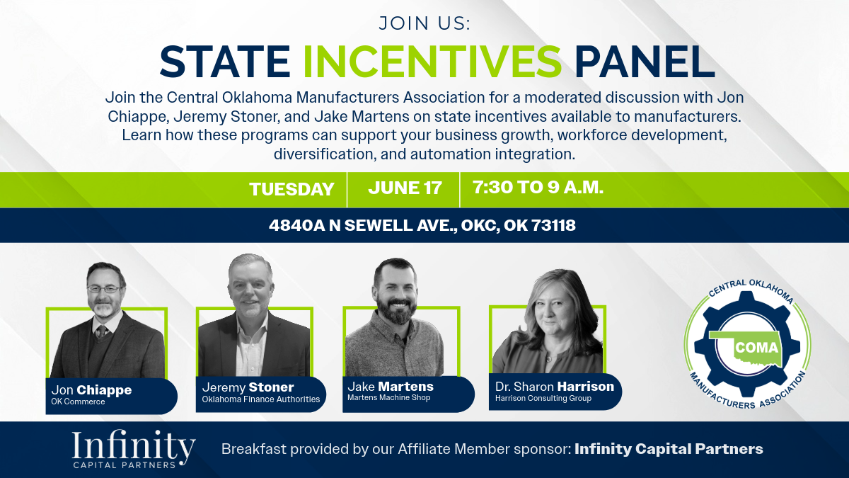 A group of people are standing next to each other on a flyer for a state incentives panel.