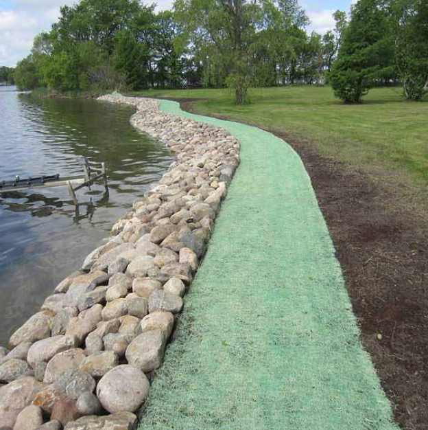 Green path beside a rocky lakeshore with trees and grass in the background