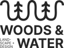 Logo of a brown excavator among green pine trees with “WOODS and WATER OUTDOOR LIVING” text