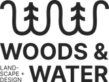 Logo of a brown excavator among green pine trees with &ldquo;WOODS and WATER OUTDOOR LIVING&rdquo; text