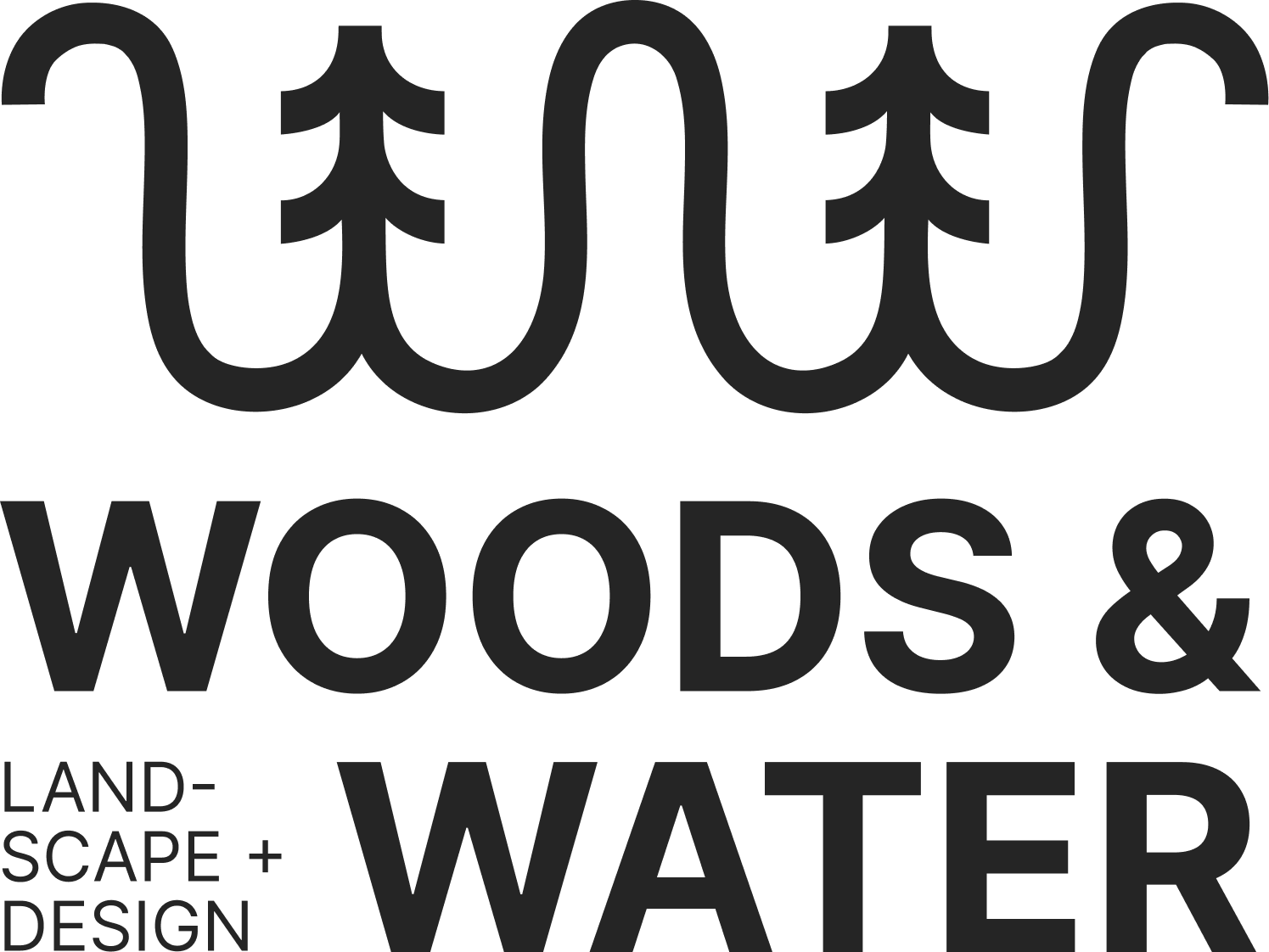Logo of a brown excavator among green pine trees with &ldquo;WOODS and WATER OUTDOOR LIVING&rdquo; text