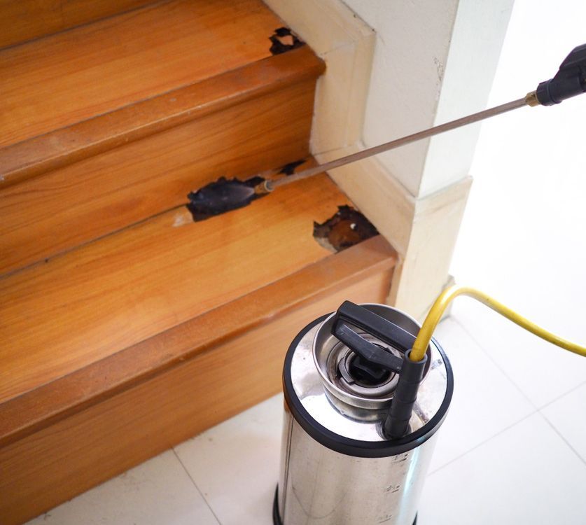 A Stainless Steel Spray Bottle is Sitting Next to a Set of Wooden Stairs — Beutels Pest & Weed Control In Metford, NSW
