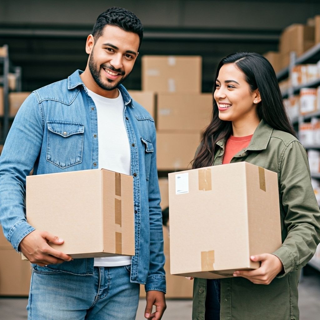 A man and a woman are holding cardboard boxes in a warehouse.