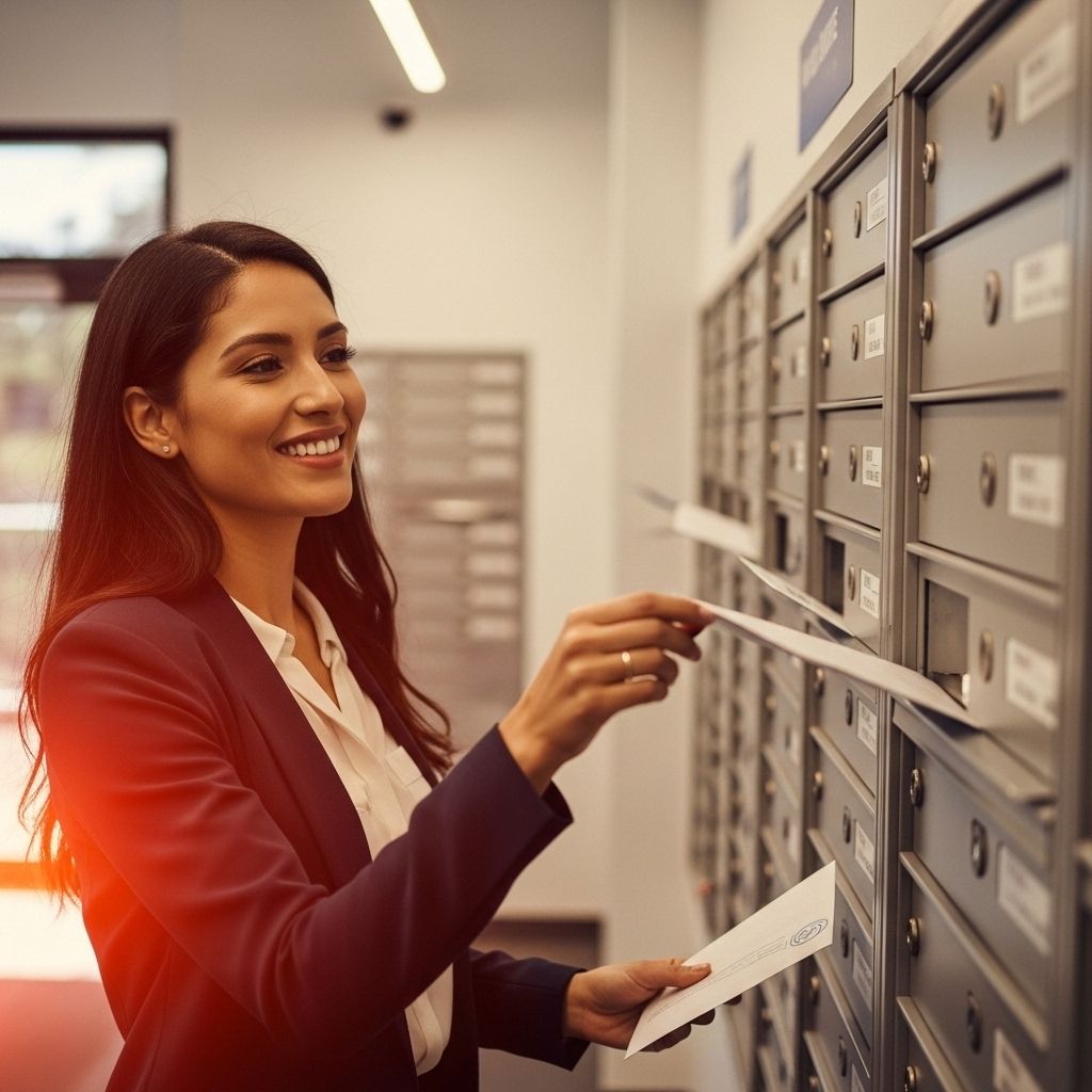 A woman is putting a letter in a mailbox.