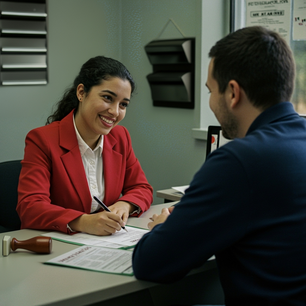 A woman in a red jacket is smiling while sitting at a table with a man