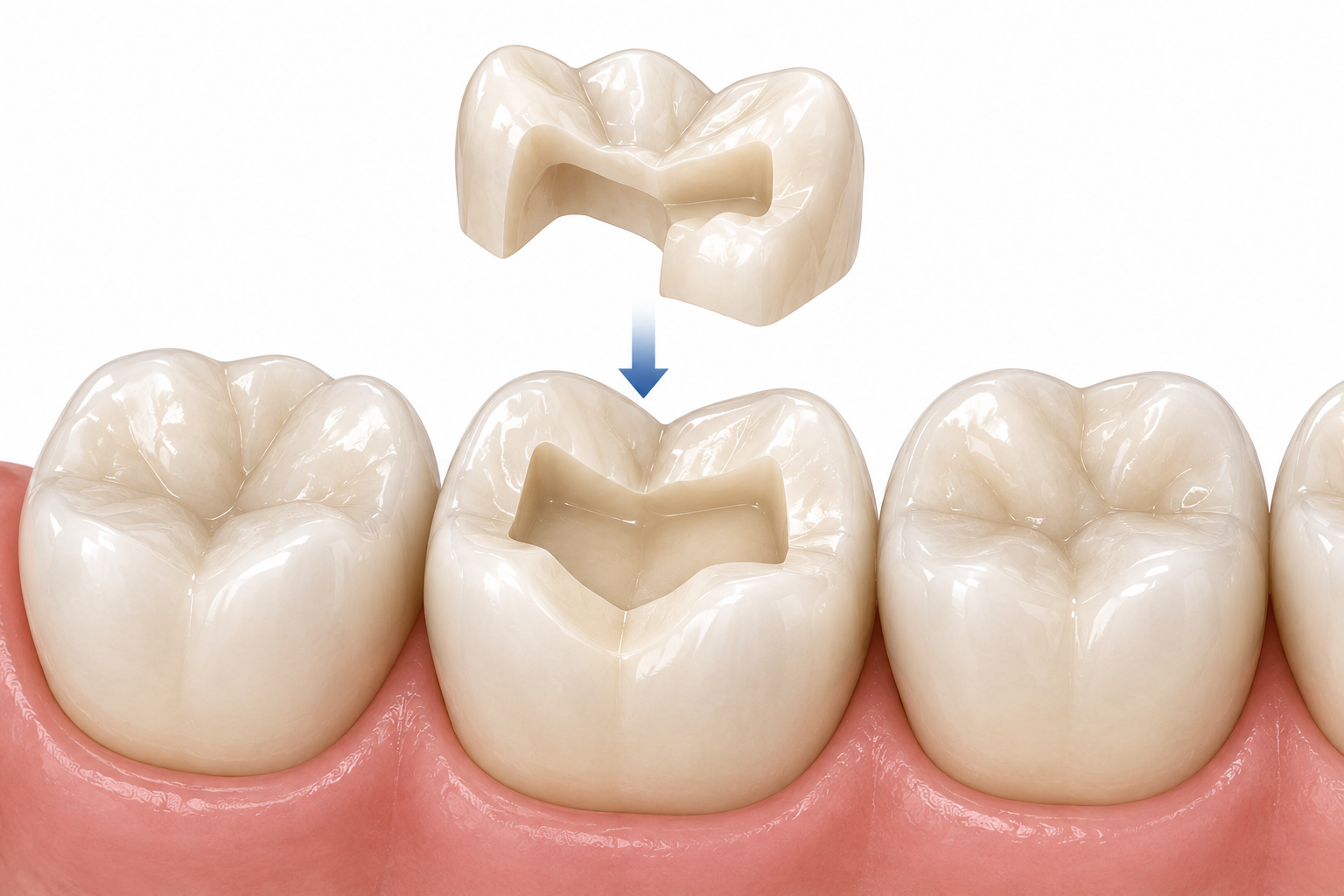 Dental crown being placed on a molar, with an arrow showing it fitting