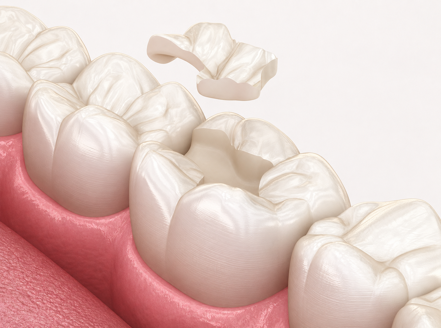 Close-up of clean white molars with pink gums