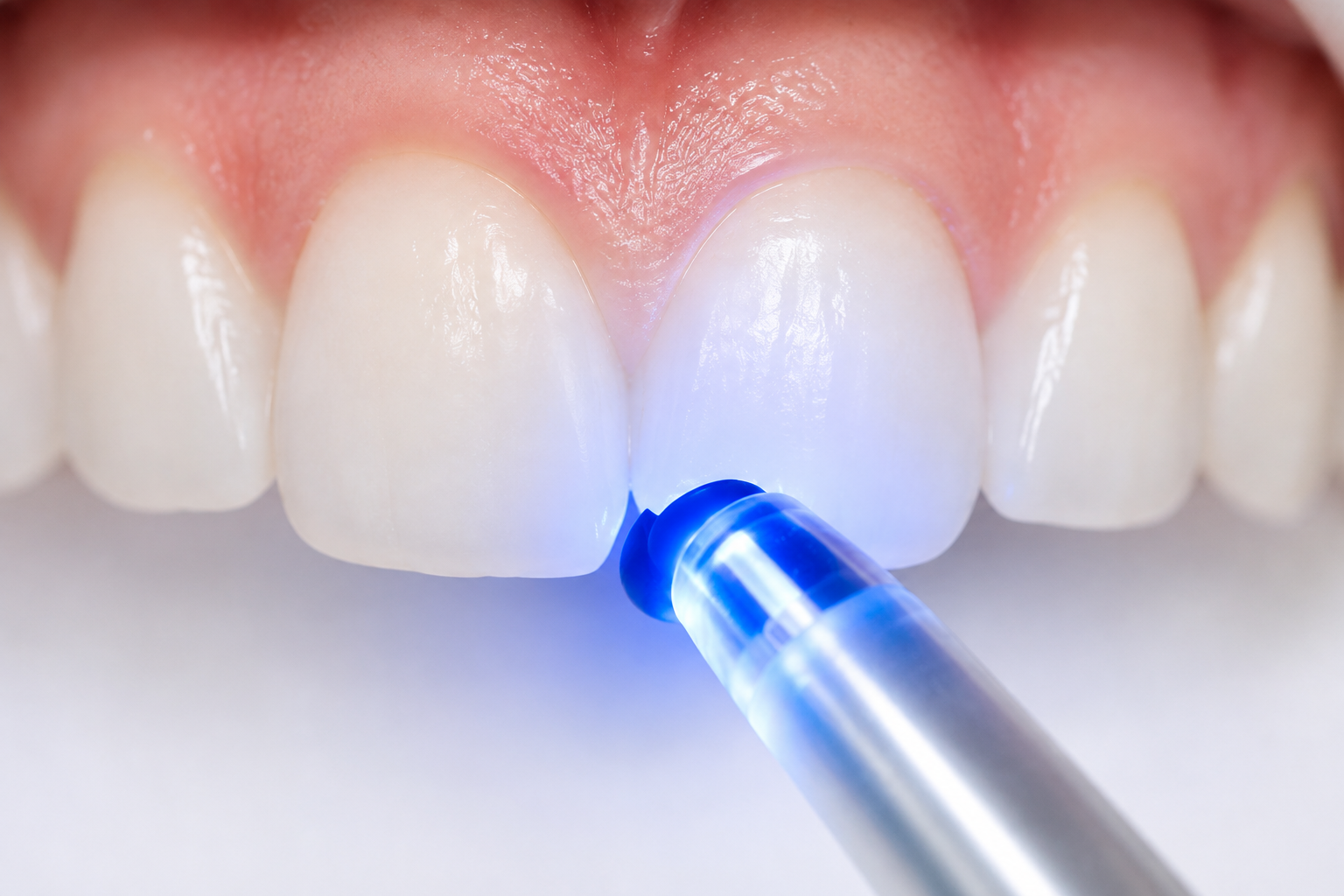 Blue dental curing light applied to front teeth during a teeth whitening procedure