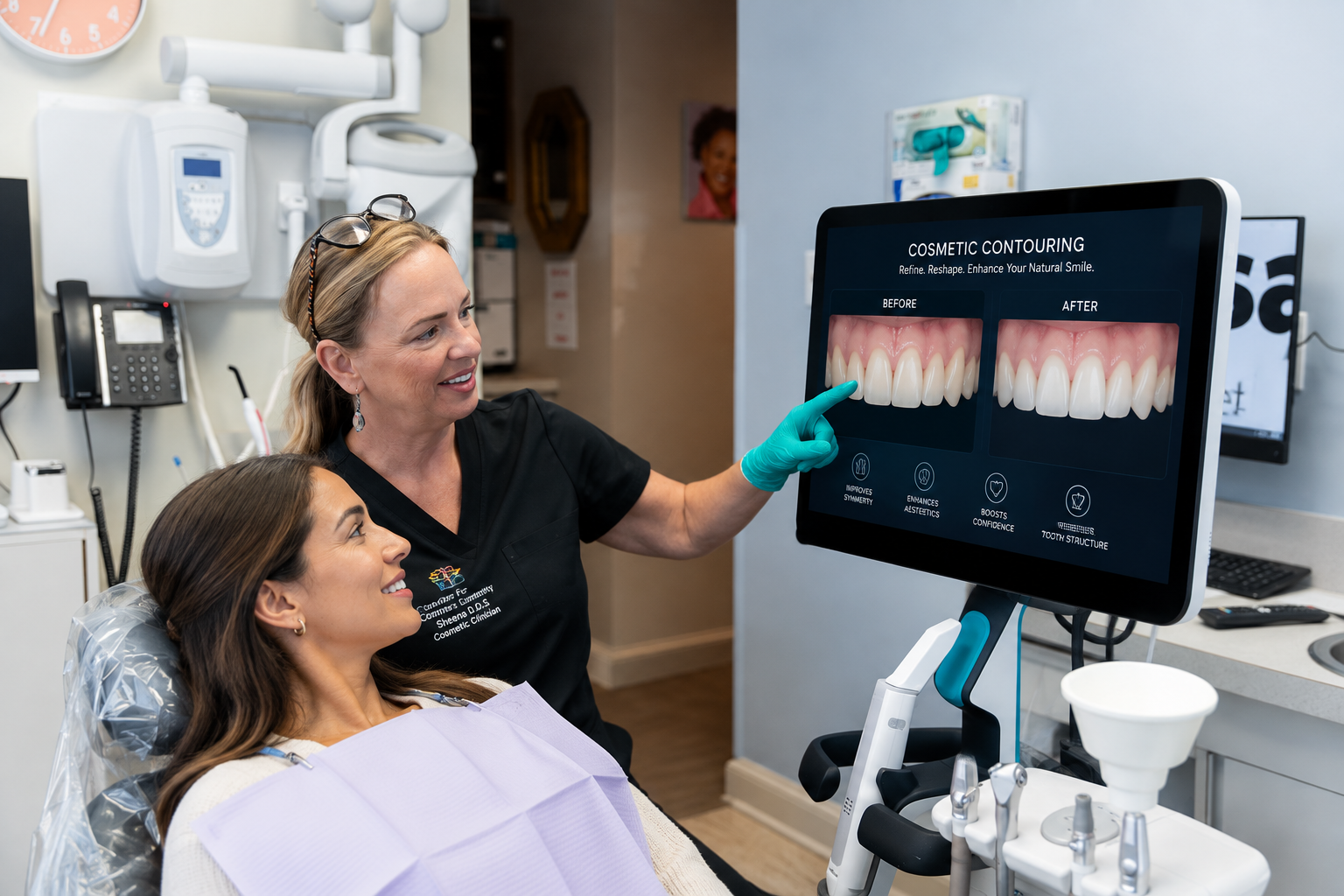 Dental professional showing a patient digital tooth scan on a monitor in a clinic.