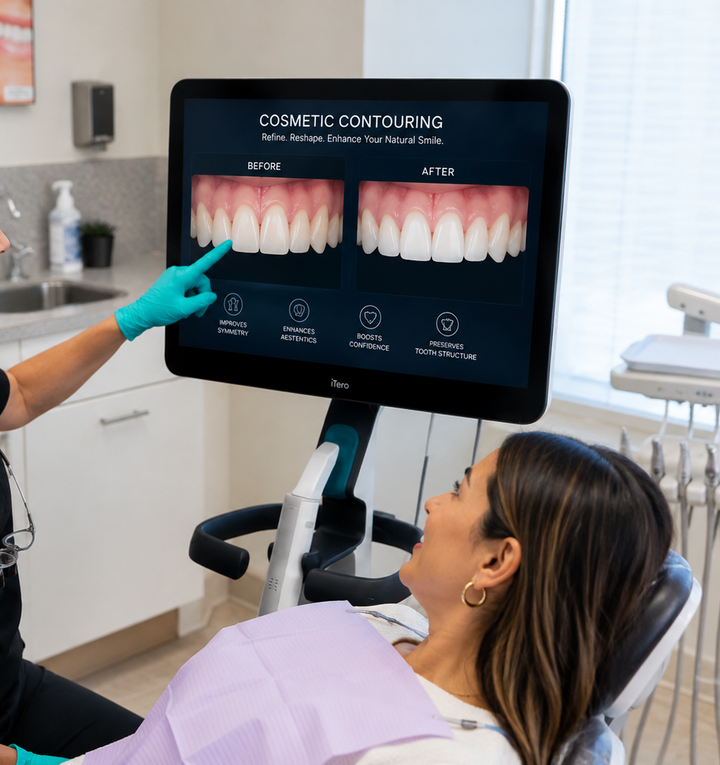 Dentist showing teeth whitening results on a monitor