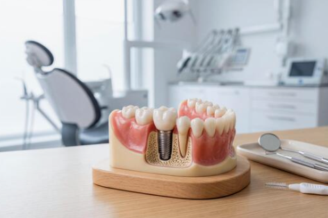 Dental implant model on a desk in a bright dental office, with tools nearby.