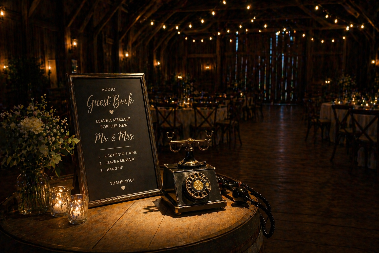 Vintage wedding reception sign beside a black rotary phone in a warmly lit barn with string lights