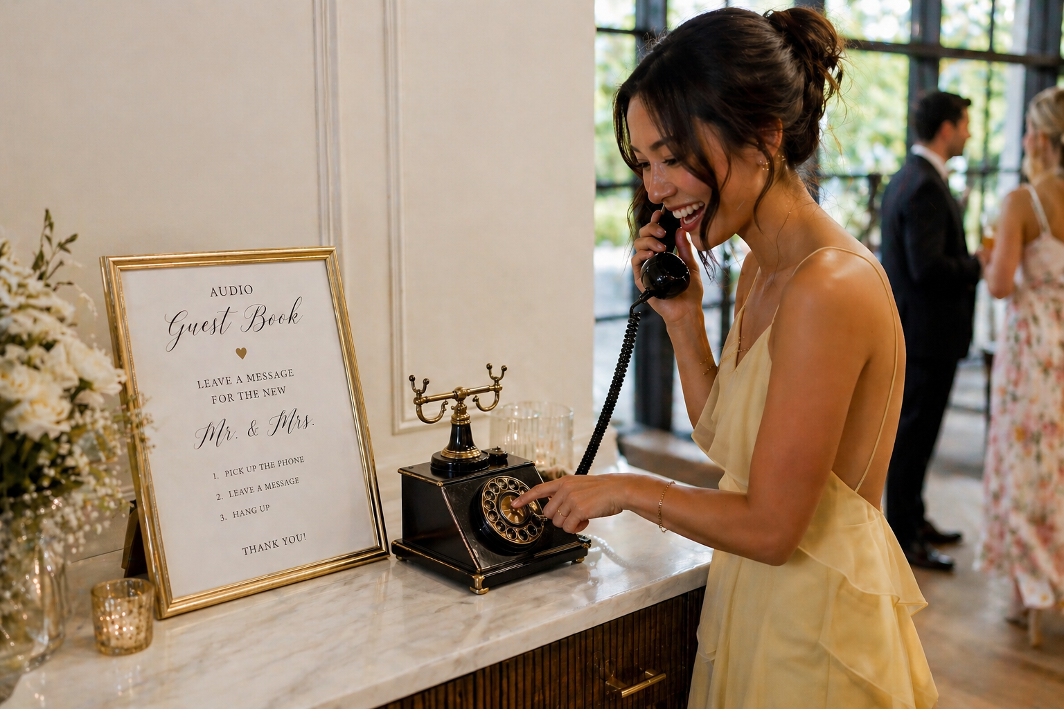 Woman in a yellow dress speaking on a vintage phone beside a wedding guest sign and table display