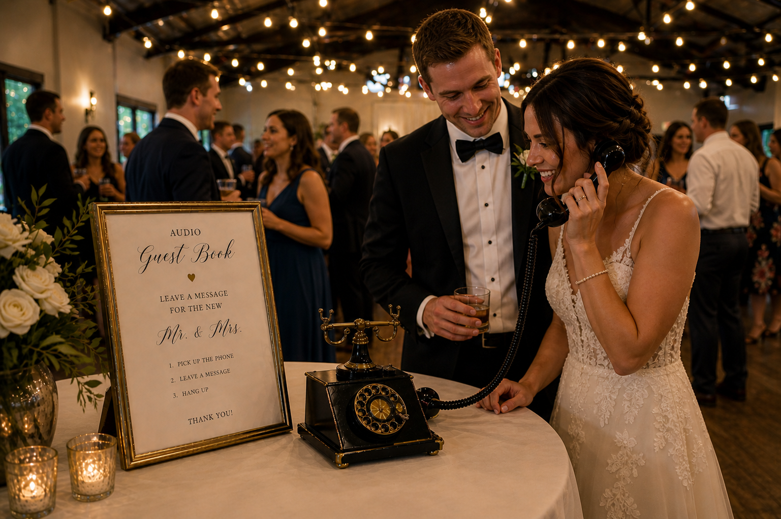 Bride and groom at a reception table with vintage phone and sign, warmly lit wedding scene