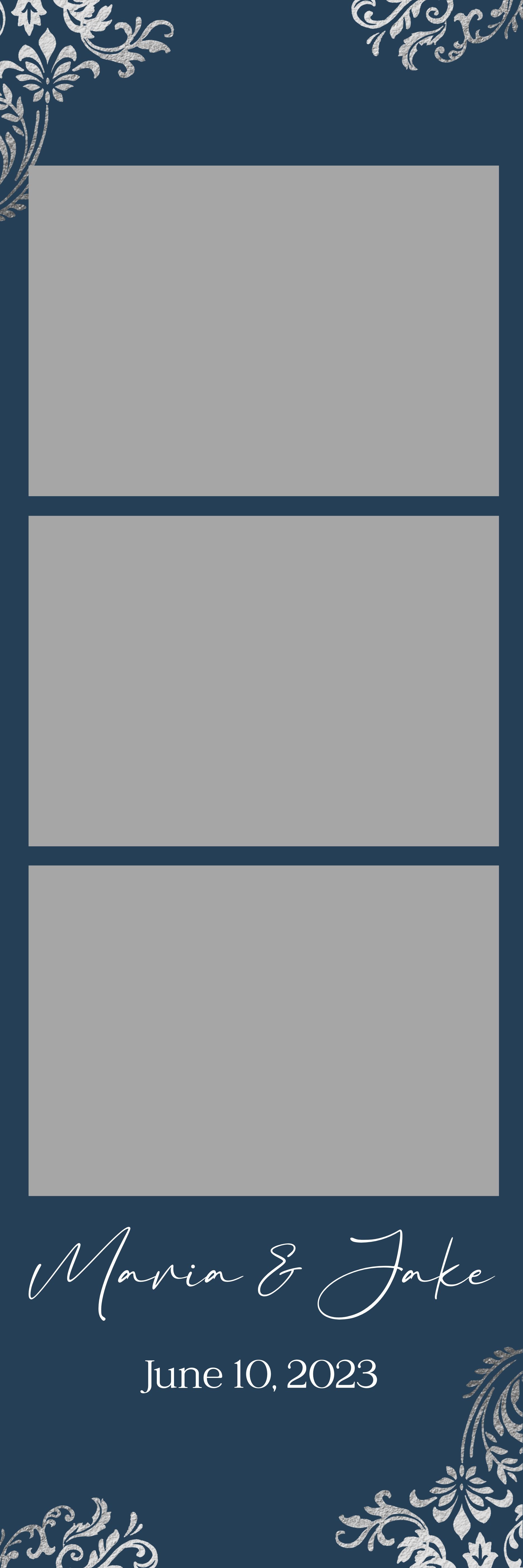 Blue-and-gray wedding invitation with three photo placeholders and script text at the bottom