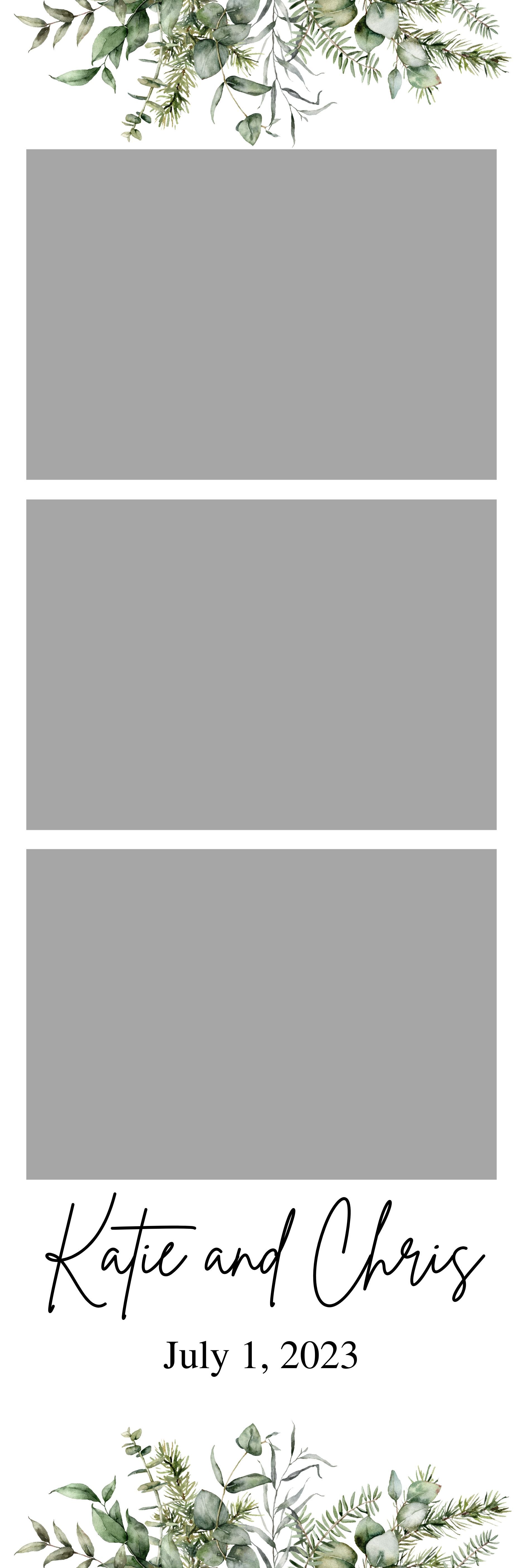 Minimal invitation layout with watercolor greenery at top, three gray photo blocks, and script text with date below