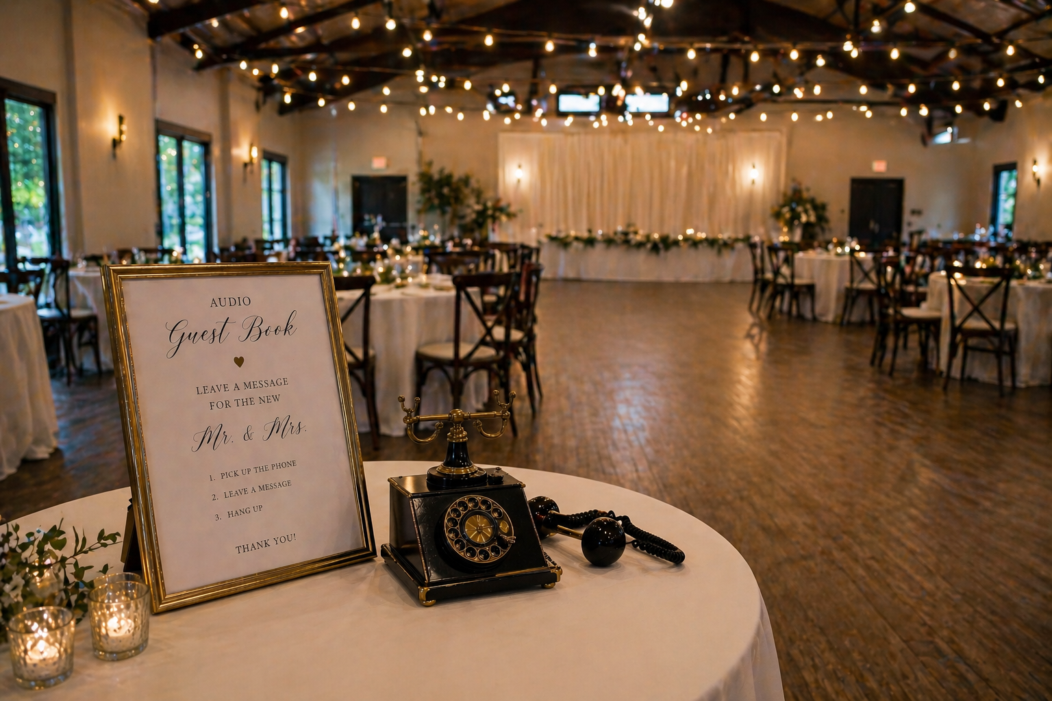 Elegant wedding reception hall with string lights, round tables, and a welcome sign in the foreground.