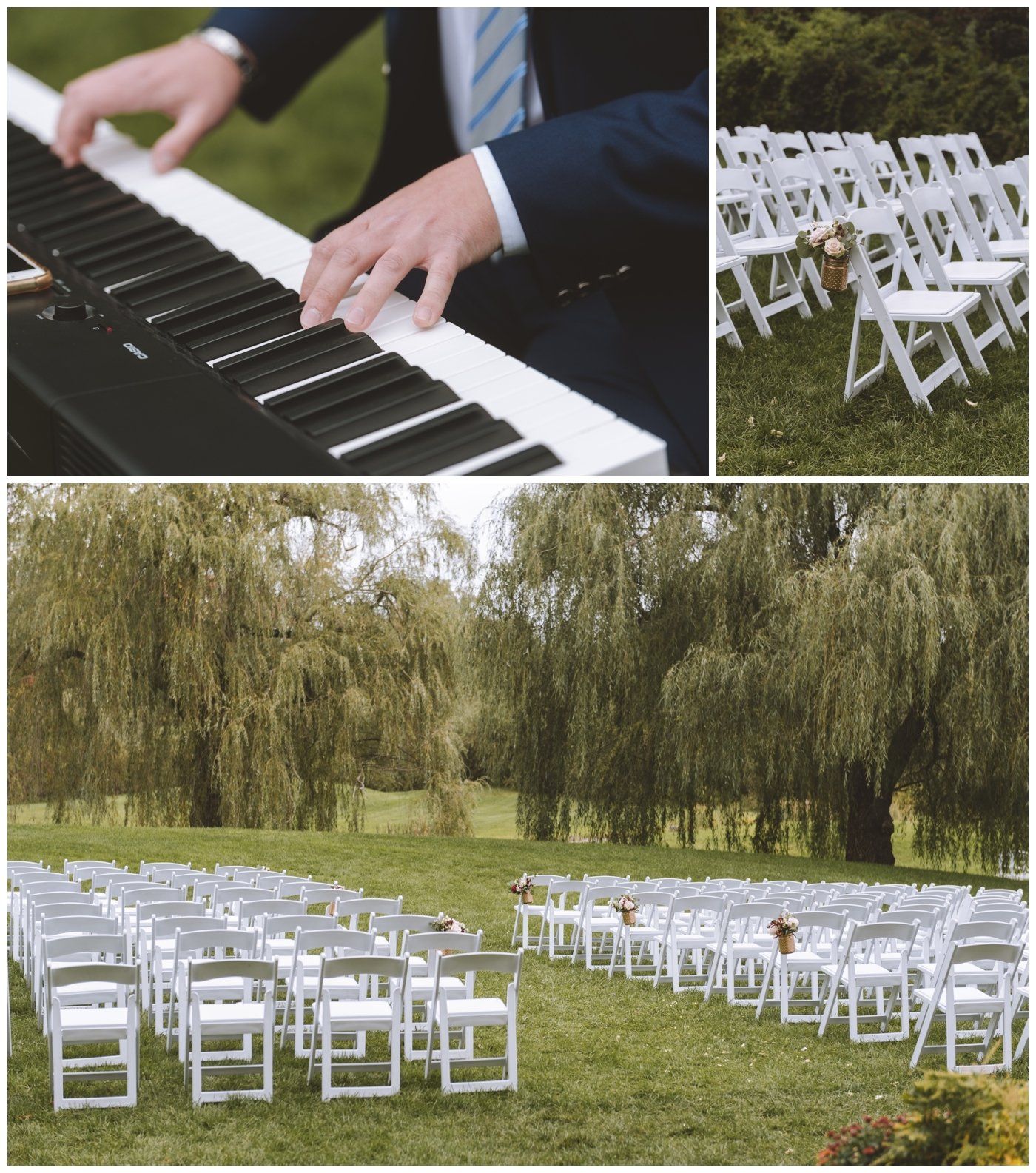 Outdoor wedding setup with white chairs and a pianist playing a keyboard nearby