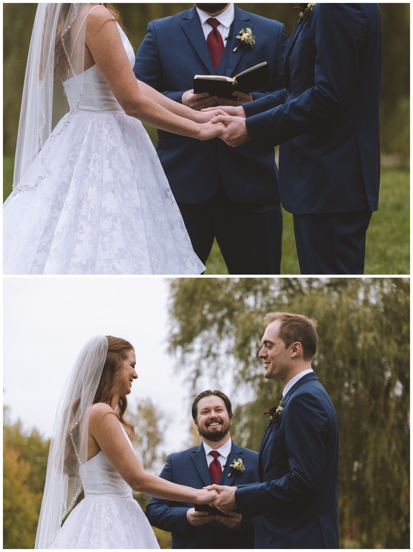 Bride and groom holding hands during an outdoor wedding ceremony, officiant standing between them