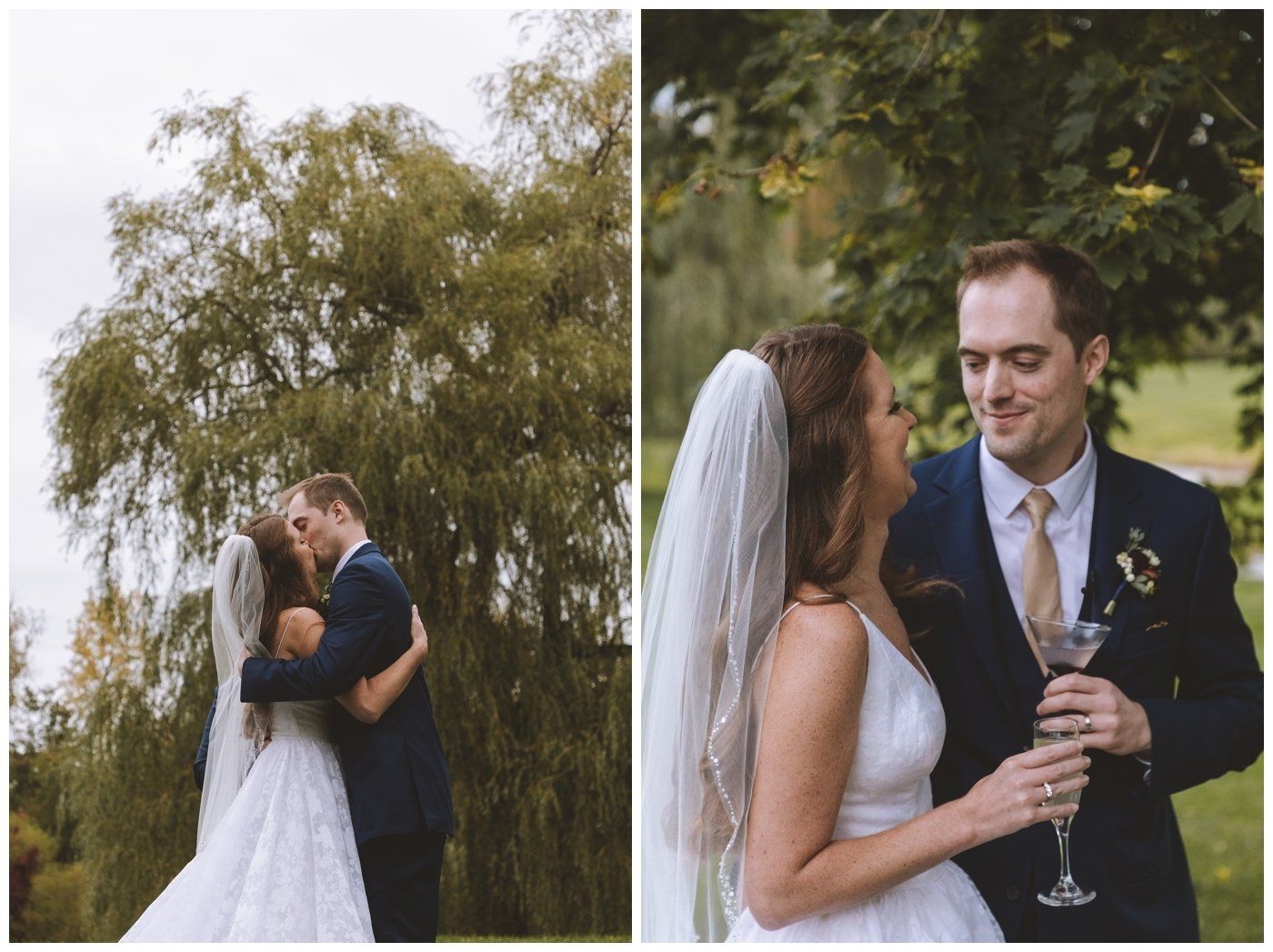 Bride and groom embracing outdoors under a willow tree, with the bride holding a bouquet.