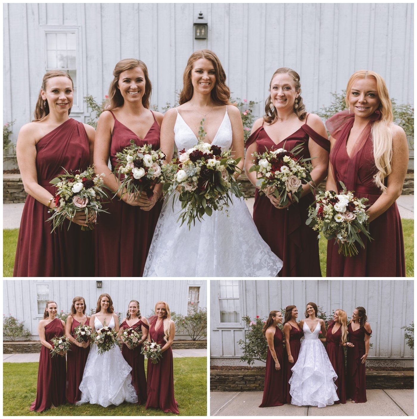Bridesmaids and bride in burgundy dresses holding bouquets at a wedding outdoors, shown in a collage.