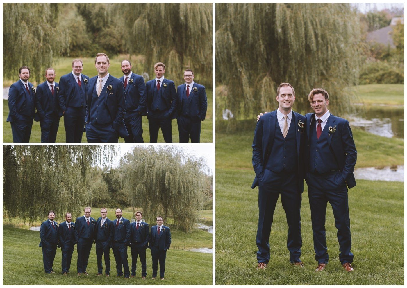 Six men in navy suits posing outdoors by a pond and willow trees in a three-photo collage.